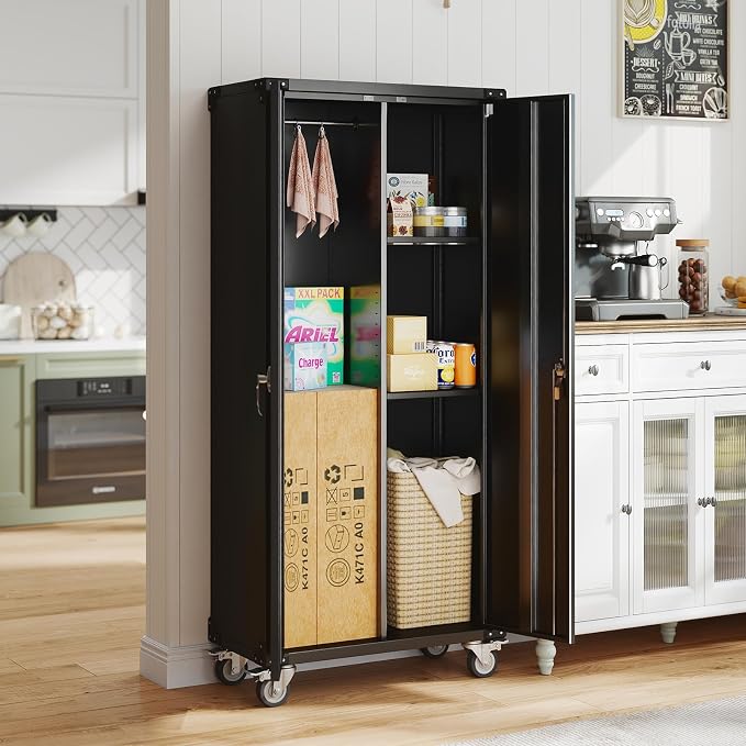 DUMOS 72 Inch Garage Storage Cabinet, Tool Organizer, Lockable File Cabinet | Tall Rolling Metal Steel Frame Storage with Lockable Wheels and Adjustable Shelves, Fits Home Office Warehouse, Black