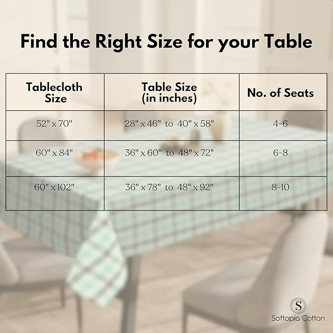 Gingham Check Tablecloth, 60x84 Inches, Everyday Plaid Dining Table Cover, 100% Cotton, Washable, Reusable Farmhouse Table Linen for Holiday Décor, Mint Green Aqua Green and White