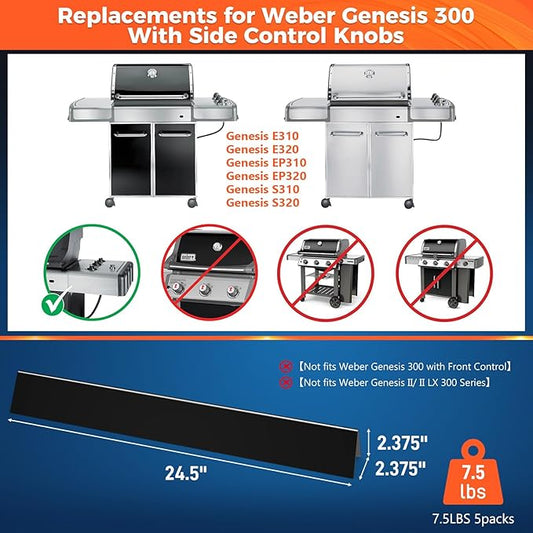 QuliMetal 24.5" Porcelain Steel Flavorizer Bars for Weber Genesis 300 Series (2007–2010) with Side Control Knobs – Fits E310, E320, S310, S320, EP310, EP320, Replacement for Weber 7539 7540
