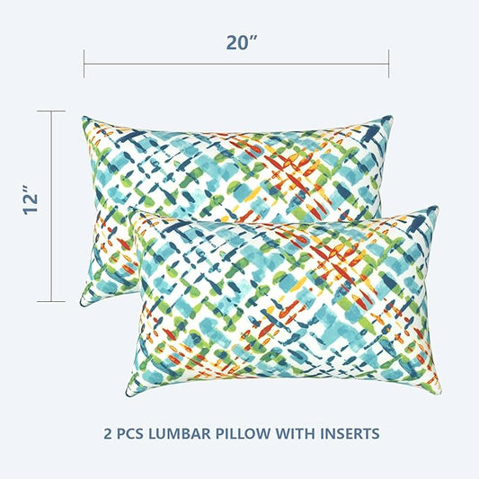 LVTXIII Outdoor/Indoor Lumbar Pillows, Decorative Patio Lumbar Cushions, Fluffy Water Repellent Garden Cushions for Home Patio Coach Sofa Use, 12×20 Inch, Pack of 2, Acapa Opal Geometric
