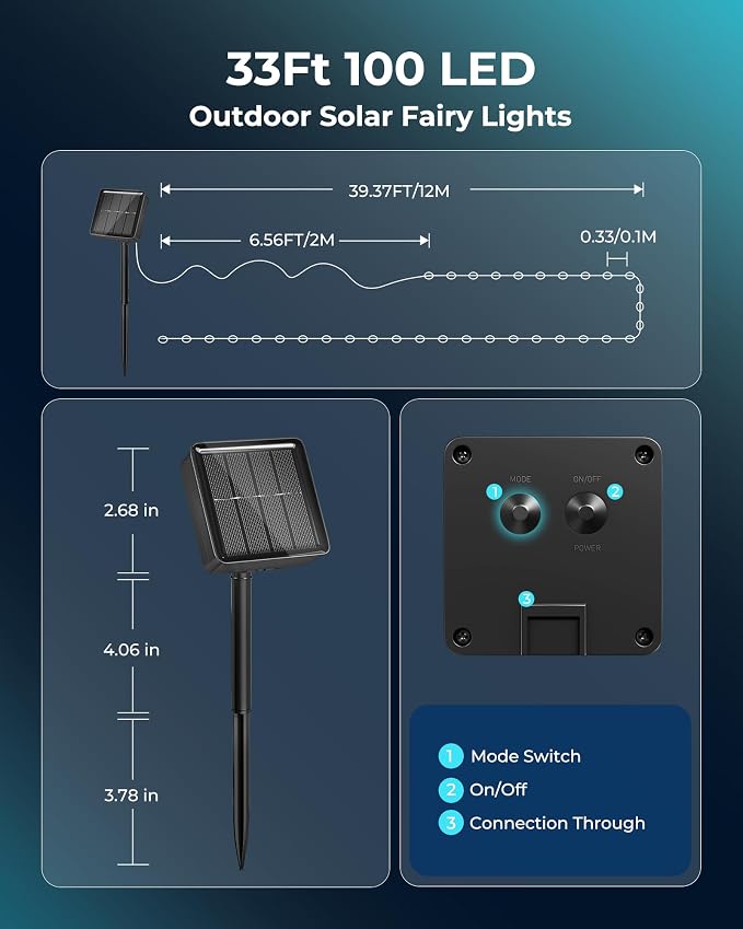 Minetom Solar Fairy Lights,33Ft 100 LED String Lights Outdoor Pure White | IP65 Waterproof Twinkle Lights with 8 Modes Outdoor & Indoor, Patio Lights for Tree Garden Party Wedding Christmas Decor
