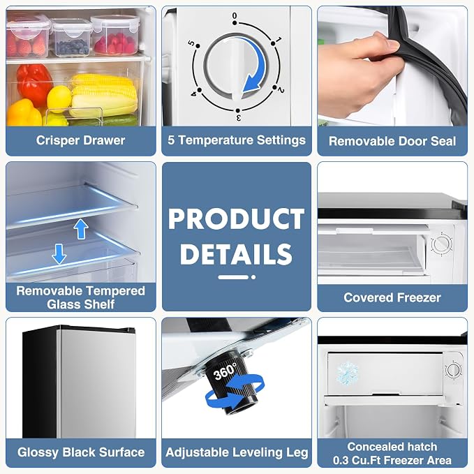 DUMOS 3.2 Cu.Ft Mini Fridge with Freezer, Single Door Refrigerator with Adjustable Thermostat, Compact Small Fridge for Bedroom, Office, Dorm, Silver Single Door