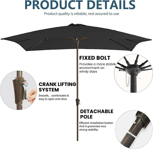 8x10FT Rectangular Patio Umbrella with Crank Lift for Garden,UV Protection Outdoor Umbrella for Deck,Pool and Yard,Black