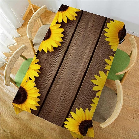 Swono Tablecloth 52"X70" Sunflowers, Garden Sunflowers Wooden Board Rectangle Table Cover Anti-Oil Tablecloth for Dining Tables, Parties, Wedding and Banquet Decoration