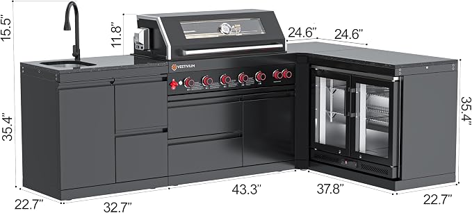 SERA C 6-Burner Propane L-Shape Outdoor Kitchen with Fridge Black | Black 304 stainless steel, 87,900 BTU + infrared, storage drawers, 90° corner L-shape, soft-close, locking caster, organizing