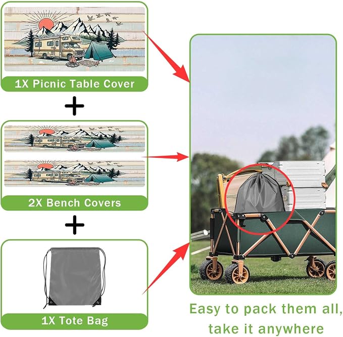 JAWO Picnic Table Cover with Bench Covers Camper RV Camping Essentials, Oil-Proof Waterproof 3PCS Tablecloth with Elastic, Fitted for Table Rectangle and Seats, Board Beach 30X60inch