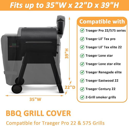Grill Cover for Traeger Pro 22/575 Series, Waterproof Smoker Cover for Traeger Lil'Tex Elite, Eastwood, Z-Grill Series Smoker Grills, 600D Wood Pellet Smoker Cover for Pro 22/575 Grill