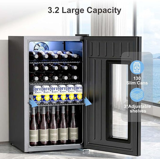Antarctic Star Auto Defrost Beverage Refrigerator, 130 Can Mini Fridge with Glass Door &Adjustable Shelves, 21-50°F Temp Control,Beverage Cooler for Soda, Beer, Wine, Home Bar, Office, 3.2 Cu.Ft