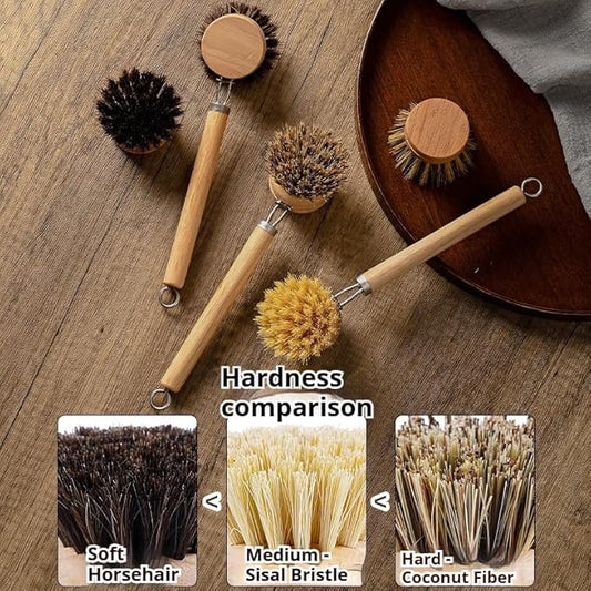 Bamboo Dish Brush - Kitchen Scrub Brushes with 3 Replacement Heads | Natural Bristle | Sisal | Horse Hair - Pot Brush with Wooden Handle for Cleaning Grills, Pans, Stoves