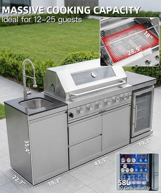 Outdoor Kitchen Island Barbecue Grill with Refrigerator & Rotisserie, Heavy-Duty Stainless Steel Freestanding Grills Station, Weather-Resistant Cooking Cabinet for Backyard & Summer Propane Gas