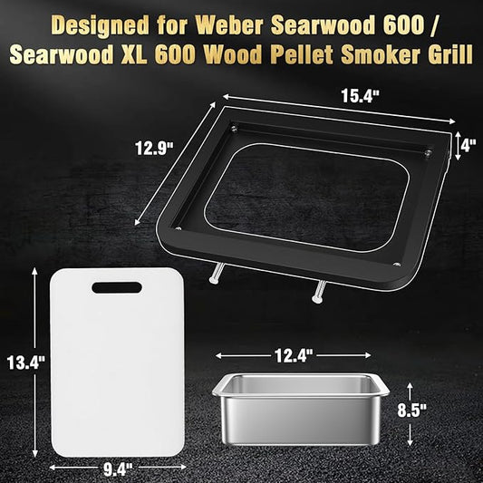 Grill Side Table Shelf for Weber Searwood 600 & 600XL, Foldable BBQ Prep Station with Cutting Board, Stainless Steel Basin, Lid & Tool Hooks – Space-Saving Side Shelf Accessory