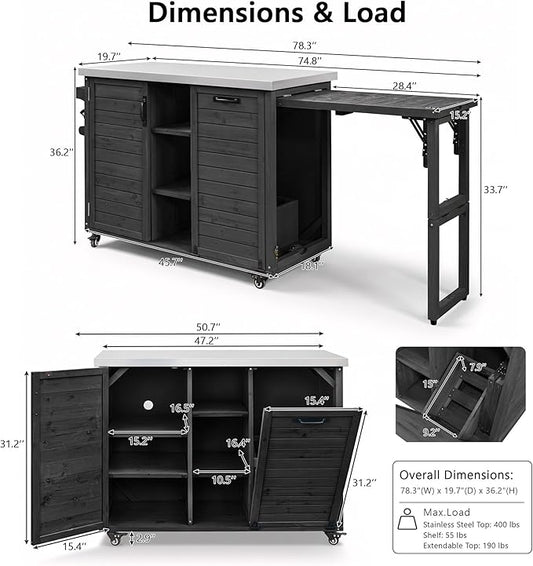 RUNNA 78.3" Outdoor Kitchen Island with Foldable Grill Table, Wooden Outdoor Grill Cart with Trash Can Storage & Stainless Steel Top, Outdoor Bar Cart, Pizza Oven Table for Lawn & Garden (Black@76)