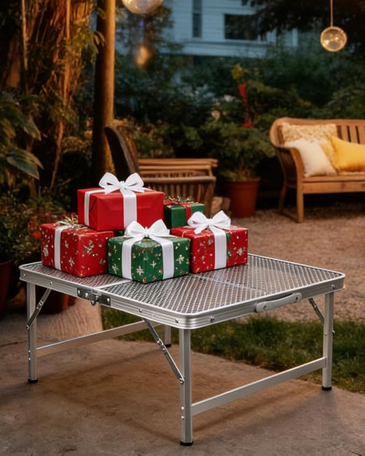 Square Folding Card Table with Adjustable Height (12" & 26"), Silver Portable Metal Mesh Table for Camping, BBQ, Picnic, Game, Patio & Indoor Use, Fits 2–4 People, Lightweight 7.6 lb, Supports 66 lb