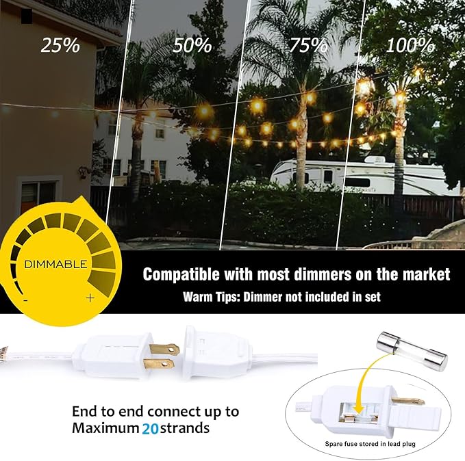 400FT White String Lights for Outside with 200+8 Extral LED G40 Bulbs Globe String Lights White Cord for Patio Pergola Gazebo Wedding Decoration, 4 x 100FT Connectable