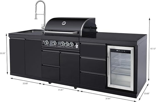 BBQ Outdoor Kitchen Island Grill Barbecue Modular Patio Kitchens Kits with Electric Rotisserie, Sink, fridge, and Burner for More than 10 People