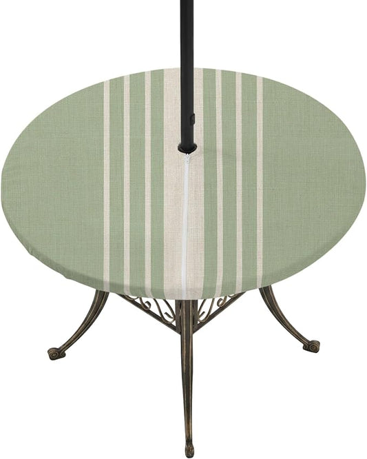 Outdoor Fitted Tablecloth with Umbrella Hole and Zipper, Sage Green Beige Striped Elastic Round Patio Table Cover, Farmhouse Retro Lines Modern Table Protector for Backyard BBQ Party 31''-35''