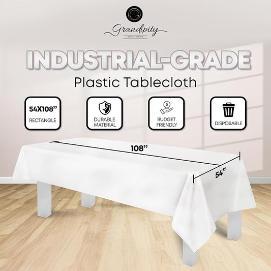 Grandipity 12 Pack Premium Disposable Plastic Tablecloth 54 Inch. x 108 Inch. with 0.3mm Thickness Table Cover - White