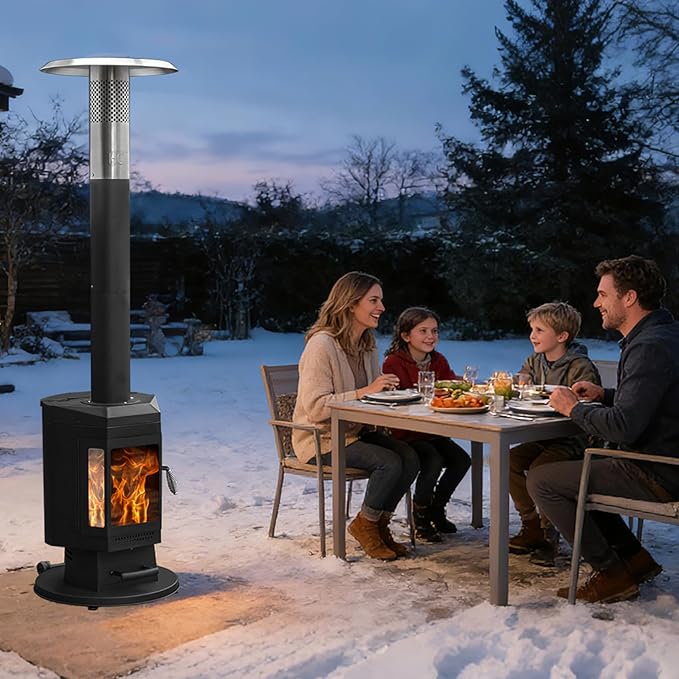 80" Premium Wood Pellet Patio Heater with Glass Window, Portable Pellet Heater with Wheel, Modern Fire Pit for Patio Backyard Garden Villa Outdoor Restaurant, 70,000BTU, FP058