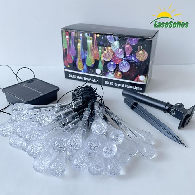 Solar Lights, Outdoor 21FT 30 LED Multicolor Water Drop Fairy Lights | Waterproof solar water fairy string lights with 8 modes auto on/off, decor for garden, patio, yard, tree, wedding