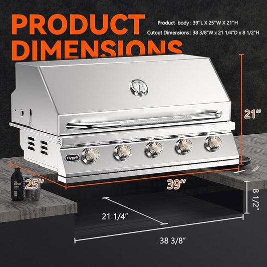 Hygrill STD Series 40-Inch Built In Grill, Stainless Steel 5-Burner Grill Head for Outdoor Kitchen, 70,000 BTU, Liquid Propane