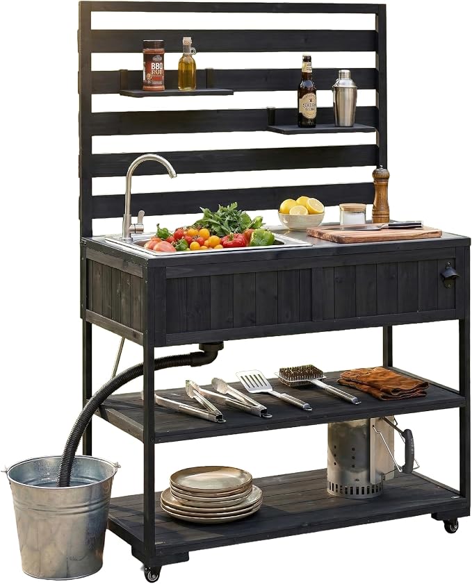 42 Inch Patio Kitchen Island with Sink, Black | Black fir wood, stainless steel top and sink, garden or patio, movable shelves, bottle opener, lockable wheels, 41.7 in L