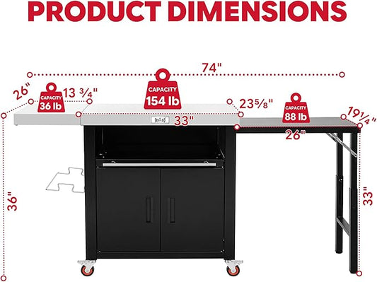 Feasto Outdoor Kitchen Island with Cabinet, Outdoor Grill Table with Stainless Steel Top for Pizza Oven& Griddles, Movable Bar Cart with Pull-Out Plate for Parties& Gathering, Heavy-Duty, L74”x W24”