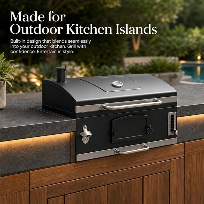 30in Built in Charcoal Grill for Outdoor Kitchen Island, Heavy Duty Large Barbecue Grills with Liftable Tray, Insulated Hood & Temp Gauge Drop-in BBQ Barrel Grill for Family Parties Patio Cooking