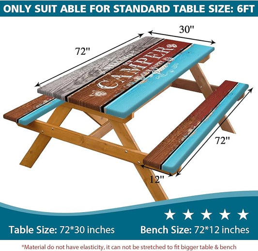 Picnic Table Cover with Bench Covers Elastic Edges, Vintage Wood Grain Camper Table Cover, Waterproof Windproof Fitted, for Outdoor Camping Patio Garden RV Trips, Drawstring Bag, 96 Inch 3PCS