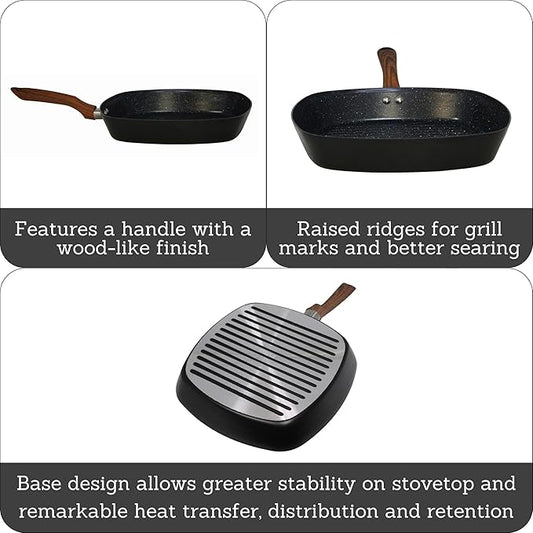 IMUSA 11-Inch PFAS Free Ceramic NonStick Grill Pan, Aluminum Griddle Pan with Cool-Touch WoodLook Handle, Large Cooking Surface for Burgers, Steaks, Vegetables, Sandwiches & BBQ