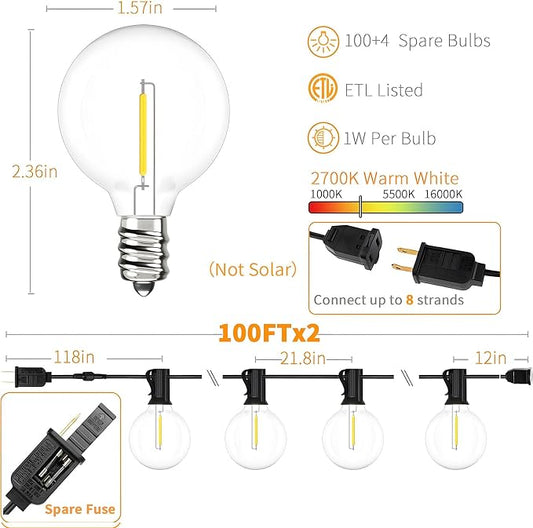 Svater 200 FT Outdoor String Lights for Outside Patio 104 Bulbs Waterproof | Commercial Grade Hanging Globe Lighting, Shatterproof G40 LED Bulbs, For Bistro Cafe Market Backyard ETL 2700K (2*100)