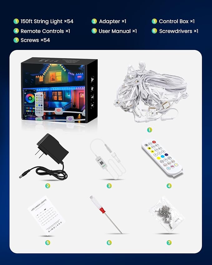 150FT Permanent Outdoor Lights for House, 24V RGB+IC Smart Outside Lights with 221 Modes, App & Remote Control, IP68 Waterproof, Year-Round Roof & Eaves Lighting for Christmas, Holidays (150FT)