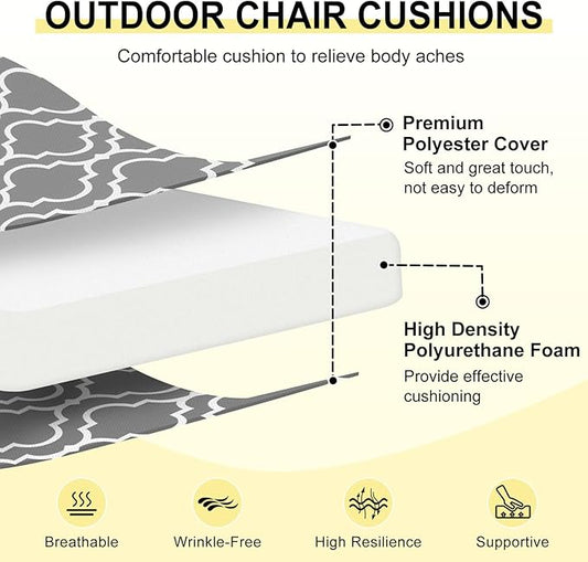 downluxe Outdoor Chair Cushions Set of 4 for Patio Furniture, Water-Resistant Square Corner Patio Chair Cushions with Ties, High Density Foam Outdoor Seat Cushion, 18.5" X 16" X 3", Grey Gourd