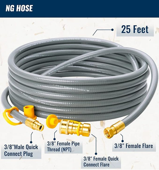 CALPOSE 25 Feet 3/8 inch ID Natural Gas Grill Hose with Quick Connect Fittings, Natural Gas Line for Grill, Pizza Oven, Heater and More Low Pressure Appliance