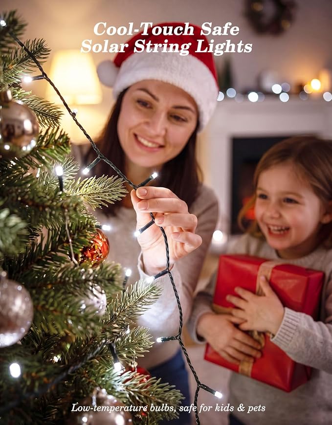2 Pack 100LED Solar Christmas String Lights Outdoor Waterproof | Total 66FT Twinkle Lights with 8 Lighting Modes Remote for Outside Christmas Trees Decorations, Cool White