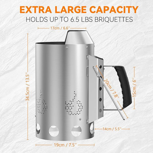 onlyfire Heavy Duty Deluxe BBQ Chimney Starter, Stainless Steel Charcoal Chimney Starter for Charcoal Grills Barbecue Fire Starter with Heat Shield & Stay-Cool Handle Easy to Use Grill Tool