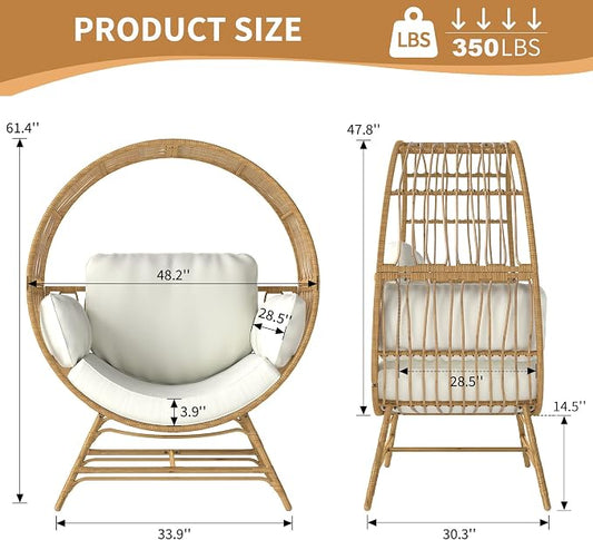 Fancyango Egg Chair Outdoor Indoor, Oversized Rattan Chair with Thicken Cushion, 350LBS Capacity Wicker Patio Lounge Chair, Basket Chair for Living Room Balcony Porch Backyard, Beige