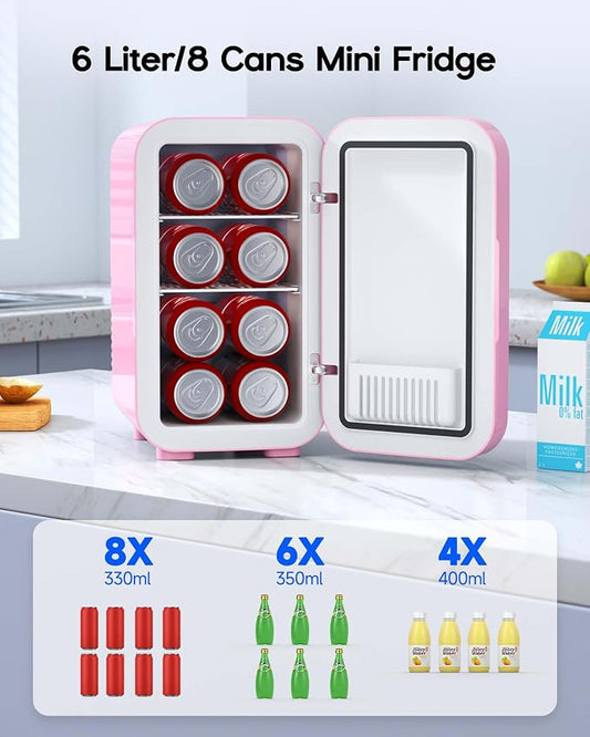 BEICHEN Mini Fridge,6 Liter / 8 Can Small Fridge for Bedroom, Car, Office & Dorm, AC100-120 V/DC 12 V Portable Thermoelectric Cooler & Warmer for Skincare, Food, Drinks,Pink