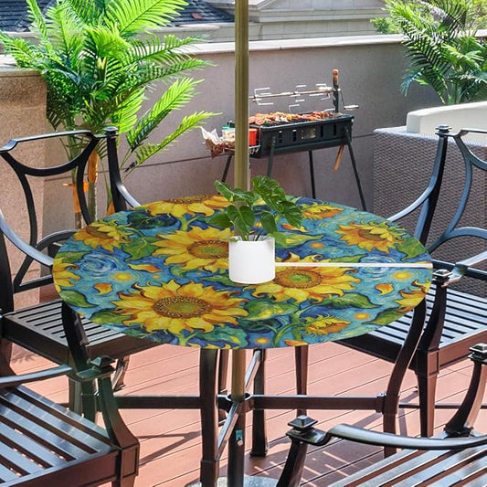 Oil Painting Sunflower Outdoor Round Fitted Tablecloth with Umbrella Hole and Zipper, 45"-56" Elastic Patio Table Cloth Oil-Proof Waterproof Patio Table Cover for Picnic Party Camping