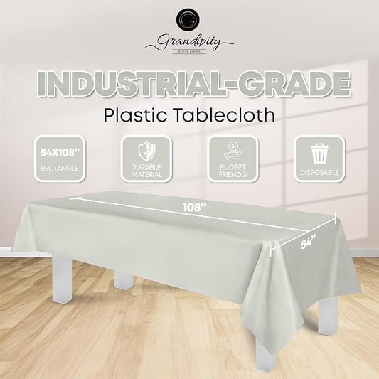 Grandipity 12 Pack Premium Disposable Plastic Tablecloth 54 Inch. x 108 Inch. Decorative Rectangle Table Cover - Light Grey
