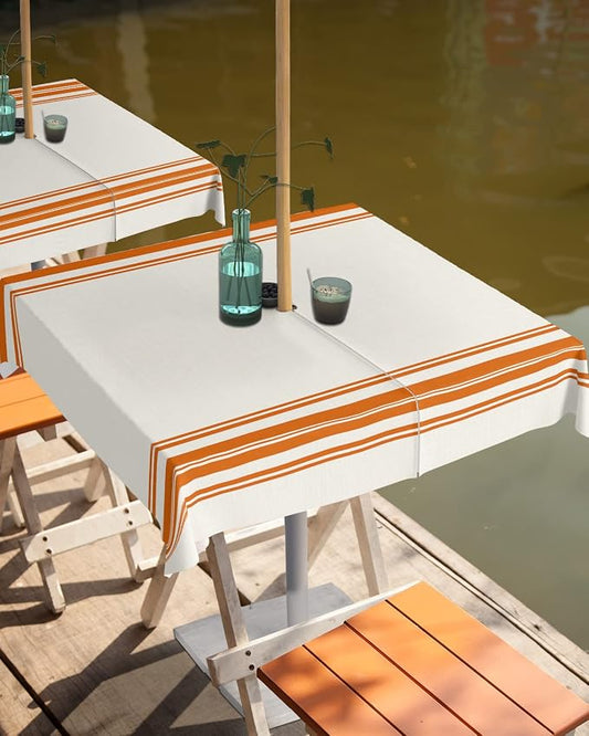 QueenKer Fall Outdoor Tablecloth with Umbrella Hole, Farmhouse Orange Stripe Square Tables Zippered Table Cloth Waterproof Tabletop Table Cover Collection for Patio, Garden, Picnic, Camping, Dining