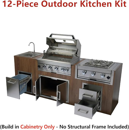 12PCS 32" Built - In Outdoor Kitchen System, 60000 BTU Stainless Steel BBQ Grill Island, Propane Gas Grill with Sink, Rotisserie Kit, Waste bin combo, Cabinets, Patio Backyard Cooking Station