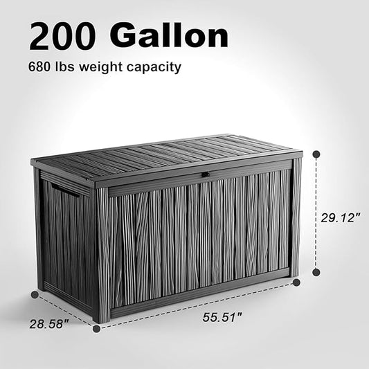 200 Gallon Large Outdoor Storage Box Waterproof, UV Resistant Resin Deck Box with Hydraulic Rod for Patio Furniture,Garden Tools,Cushions, Easy to Install(Black)