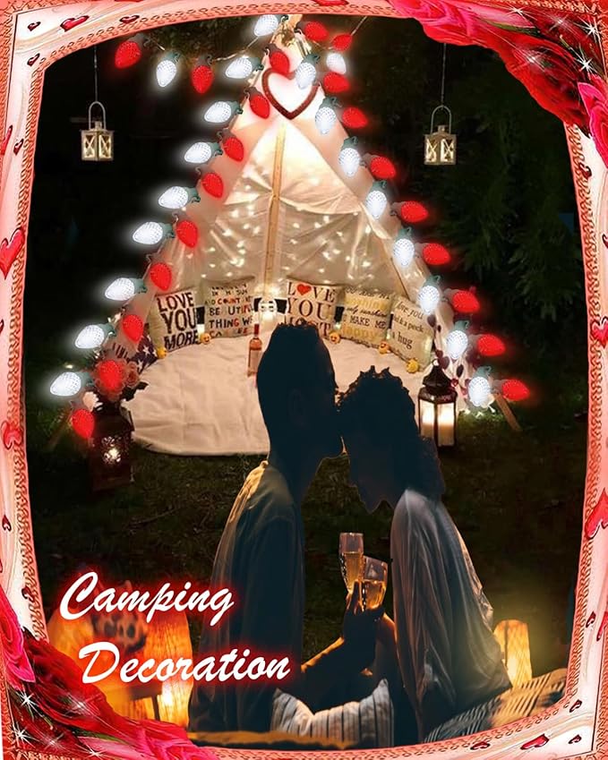 C9 Red White Strawberry Solar String Lights, 31FT 50 LED Ultra Bright Fairy Lights, 8 Modes IP65 Waterproof Green Wire for Outdoor Christmas Wedding Valentine Garden Decor