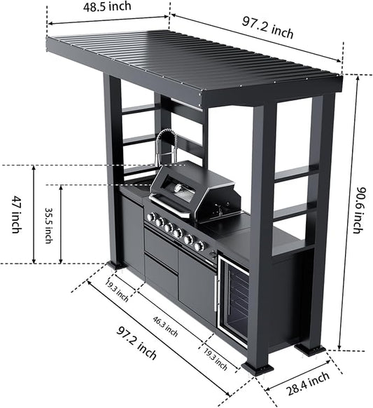 104" Modular Outdoor Kitchen Island With Grill And Side Burner, 4-burner 72,000 Btu Propane Bbq Island, Refrigerator, Separate Sink & Prep Station, NG-Black (with roof) 72000BTU/97 Inch