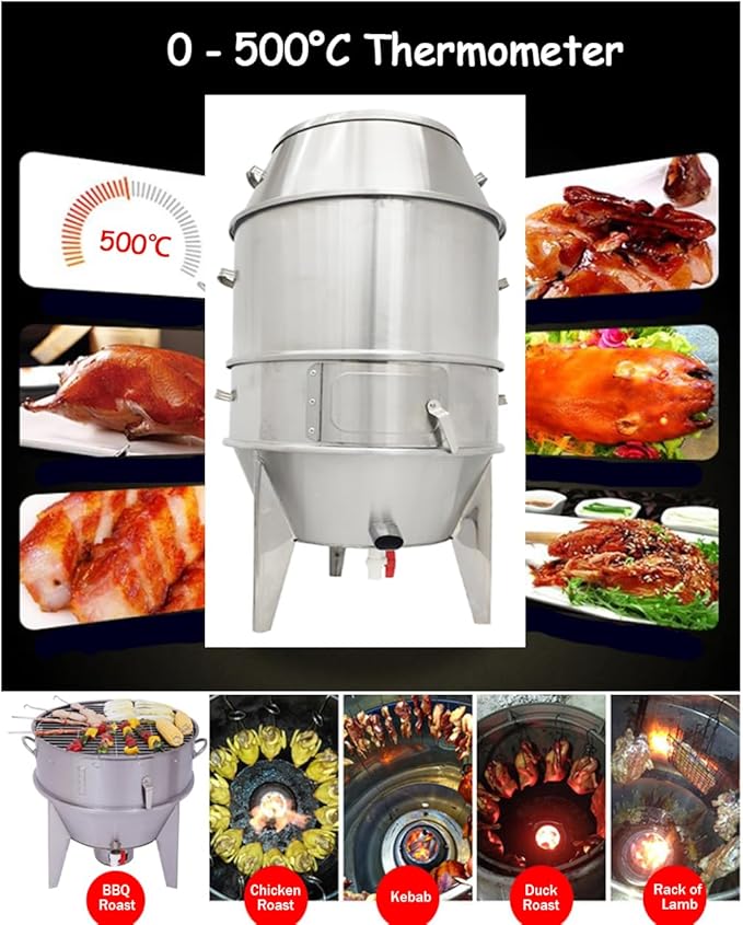 INTBUYING 3-Tier Charcoal Duck Roaster Oven 23.6" x 53" Stainless Steel Roasting Machine for Peking Duck BBQ Chicken Turkey Pig with Hooks & Pins for Commercial Home Use Roast Oven