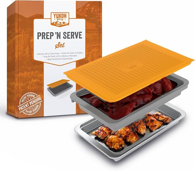5-Piece BBQ Prep and Serve Set with Marinade Tray | Stainless serving tray, aluminum defrost board, cutting board, snap-on lid, marinade tray.