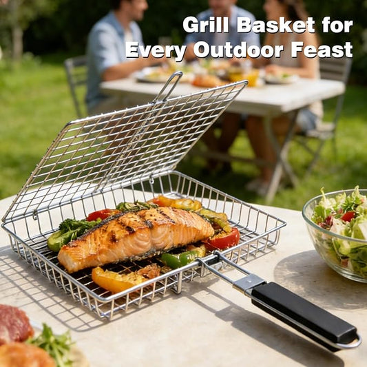 Fish Grill Basket, Folding Stainless Steel Fish Grilling Rack for Grill, Outdoor Camping BBQ Grilling Basket for Fish, Shrimp, Vegetables, Steak & Meat, with Portable Removable Handle, and Carry Bag, Gifts for Men,Dad, Husband