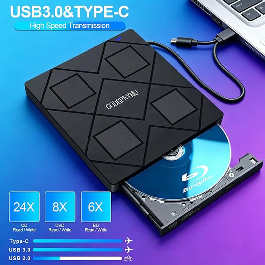 8-in-1 External Blu-ray Drive, USB-C Hub & Card Reader for Laptop | Win11/10/8/7/Mac OS.compatible · 2 USB + USB-C ports,TF/SD Card Reader, · 1+4 storage bags included