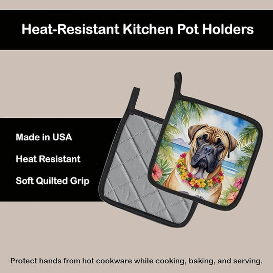 Caroline's Treasures Bullmastiff Luau Pair of Pot Holders Kitchen Heat Resistant Pot Holders Sets Oven Hot Pads for Cooking Baking BBQ, 7 1/2 x 7 1/2