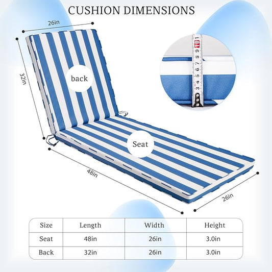 Chaise Lounge Cushions Outdoor Set of 2, 80"x26"x3" Patio Lounge Chair Furniture Cushions with Washable Covers for Pool, Patio, Lawn (Sky Blue+White Stripes, 2 Pcs)